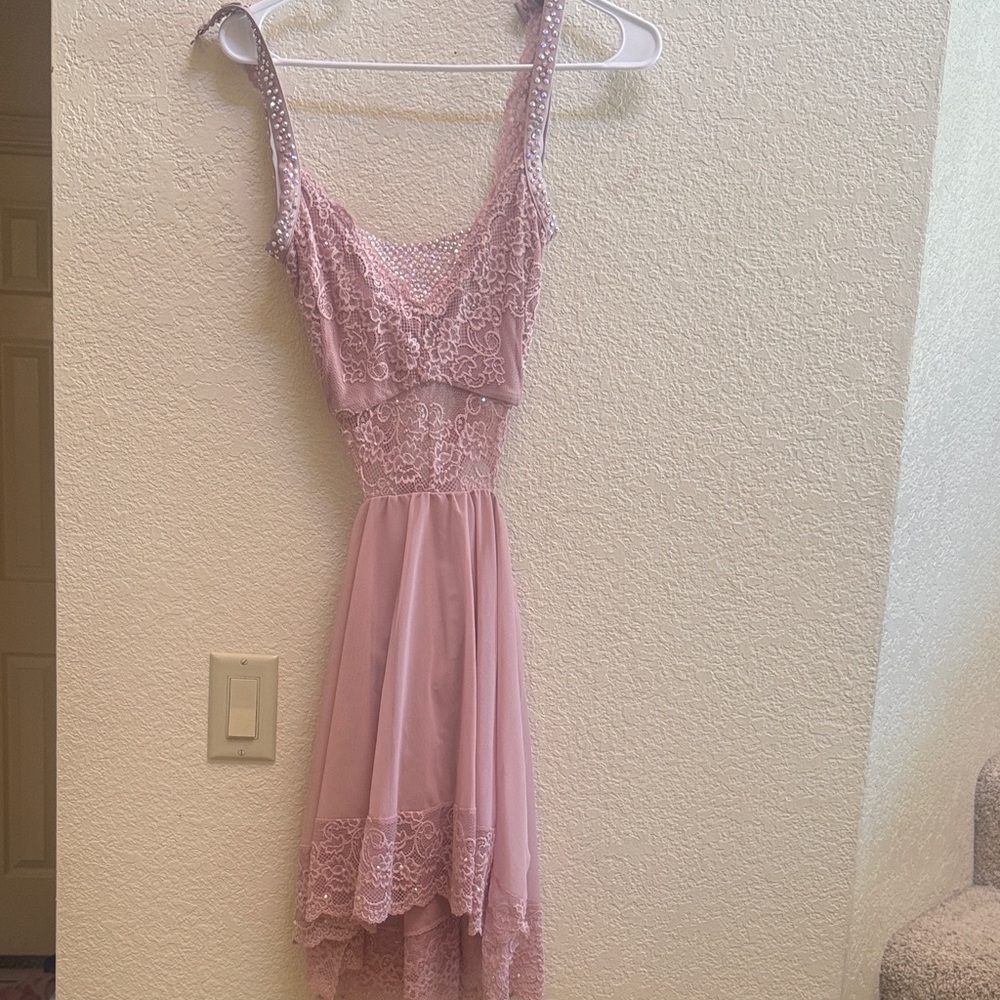 Pink, Lace, Custom Dance Costume With Rhinestones